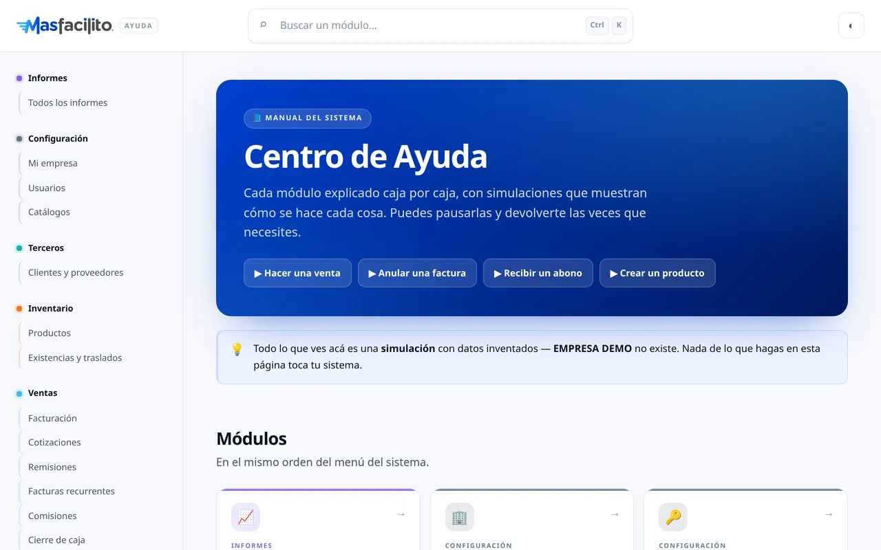 Centro de ayuda de MasFacilito ERP: el manual de cada módulo