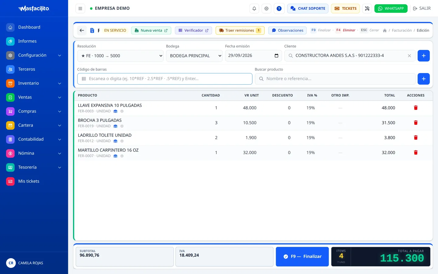 Punto de venta de MasFacilito con lector de código de barras y total a pagar