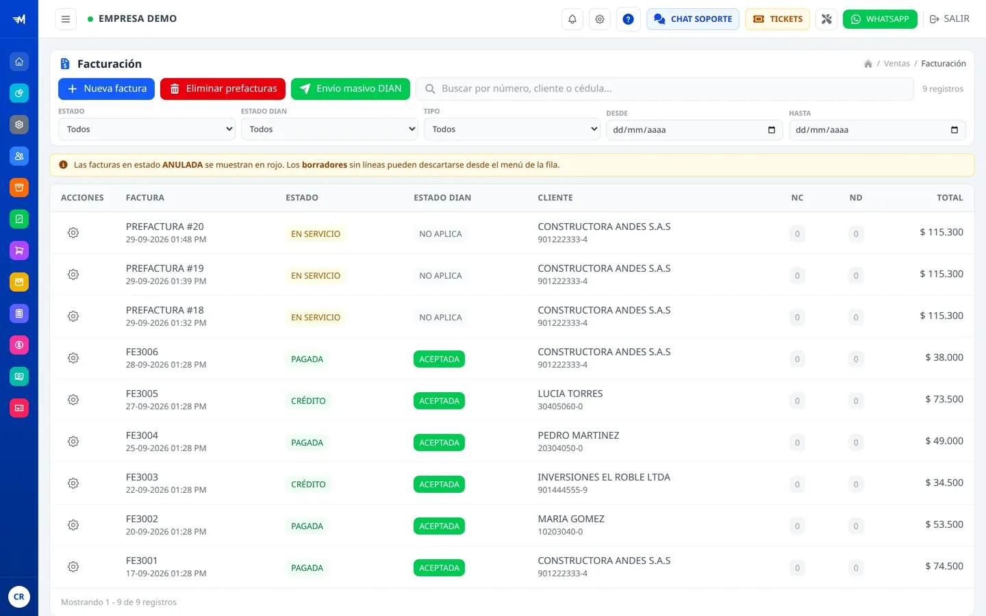 Pantalla de facturación de MasFacilito ERP, como se ve en una capacitación