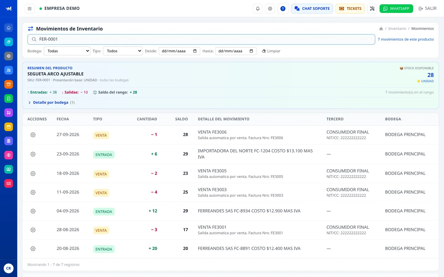 Kardex de inventario con saldo después de cada movimiento