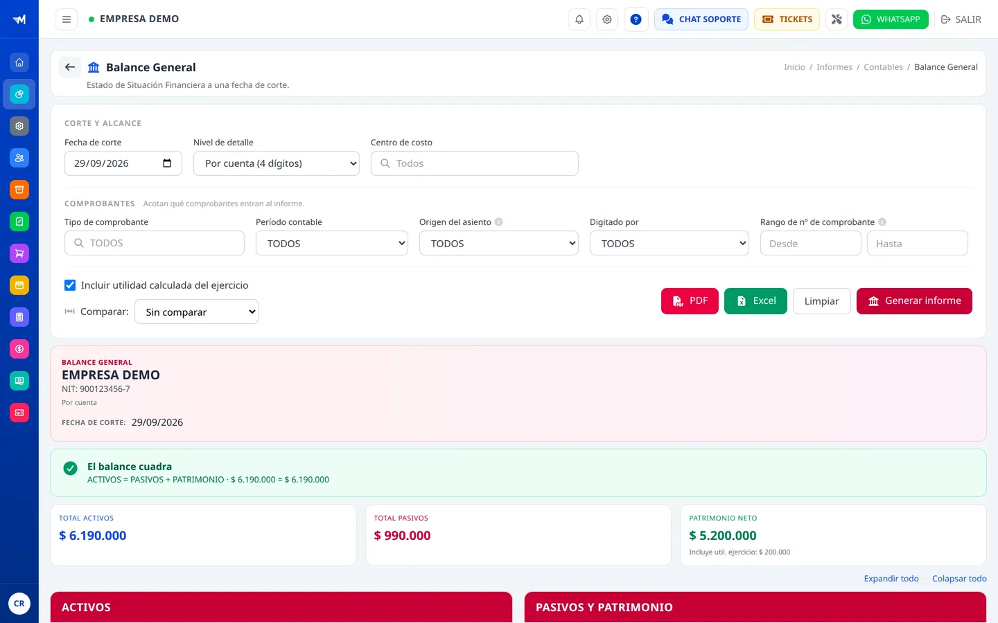 Balance general con activos, pasivos y patrimonio