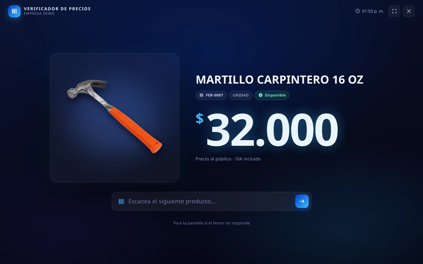 Verificador de precios mostrando un martillo de carpintero de 16 oz y su precio