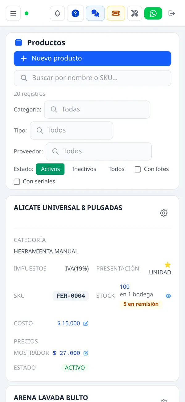Catálogo de productos en el celular